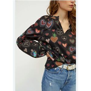 Farm Rio for Anthropologie Black Heart Print Blouse – XS – 100% Cotton EUC